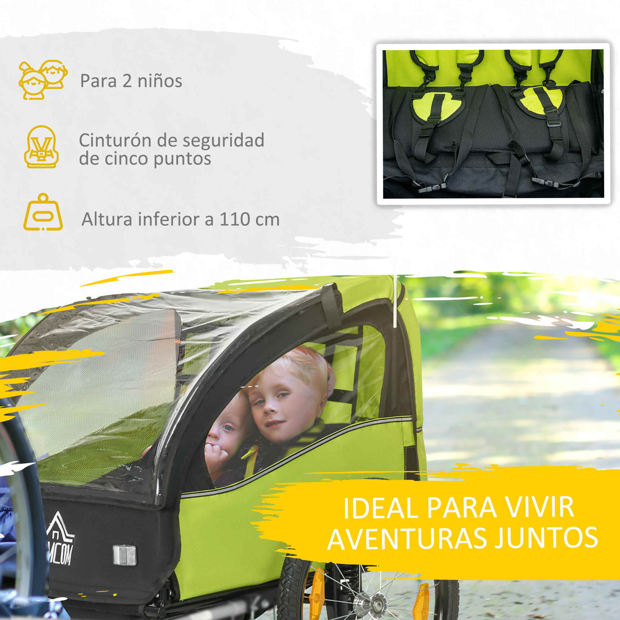 Remolque de bicicleta para niños +18 meses 2 plazas con cinturón y amortiguador 140x88x90 cm verde