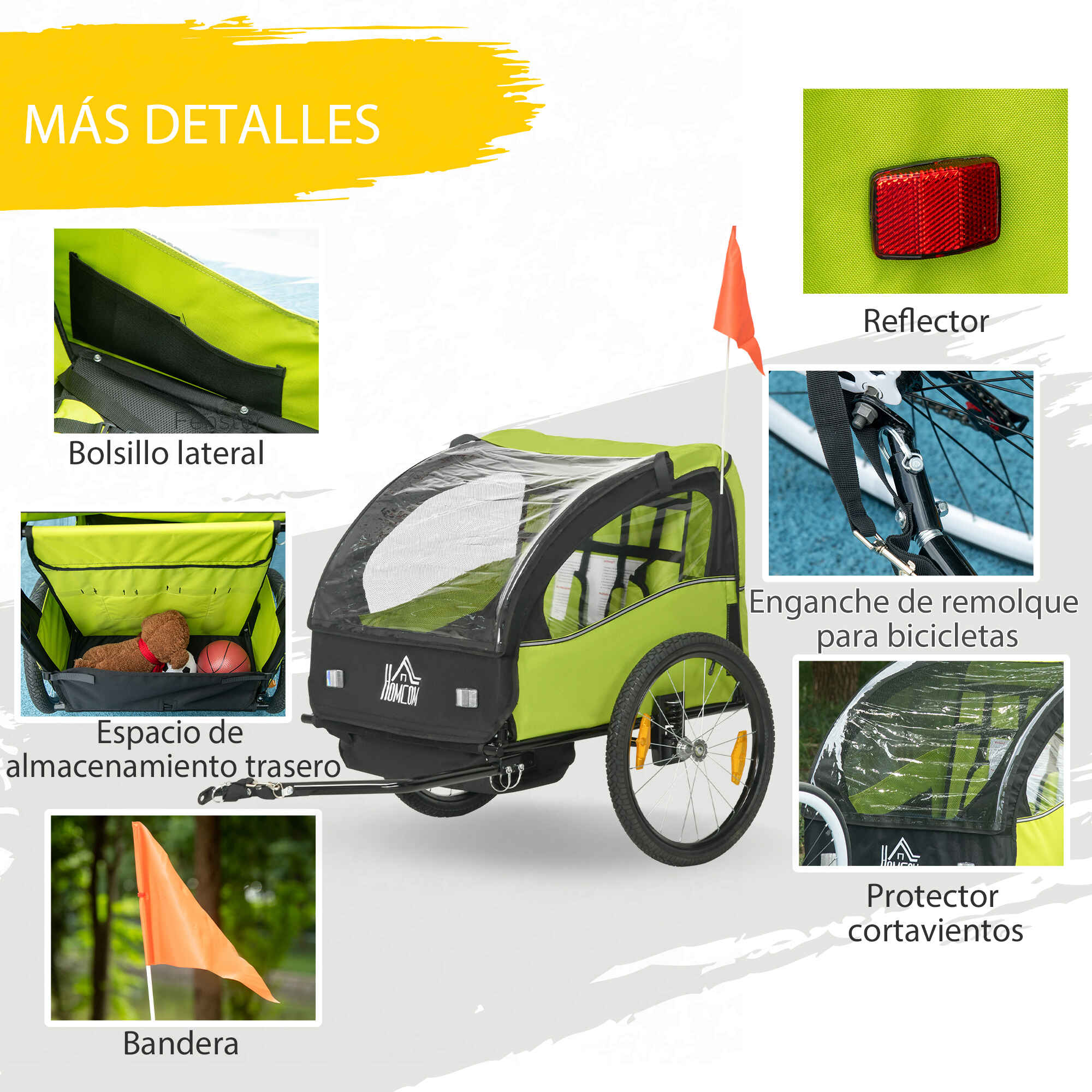 Remolque de bicicleta para niños +18 meses 2 plazas con cinturón y amortiguador 140x88x90 cm verde