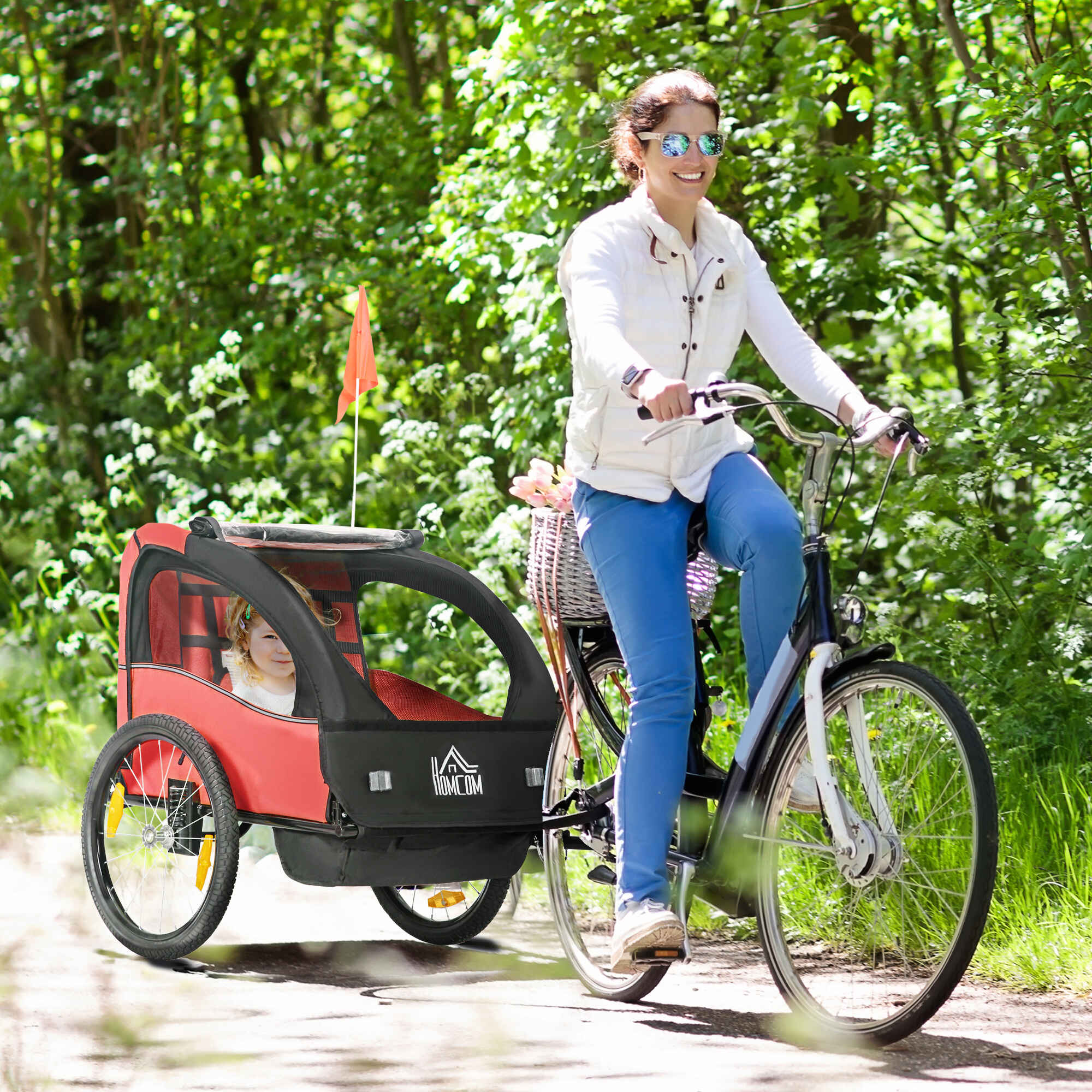 Remolque de bicicleta para niños +18 meses 2 plazas con cinturón y amortiguador rojo 140x88x90 cm