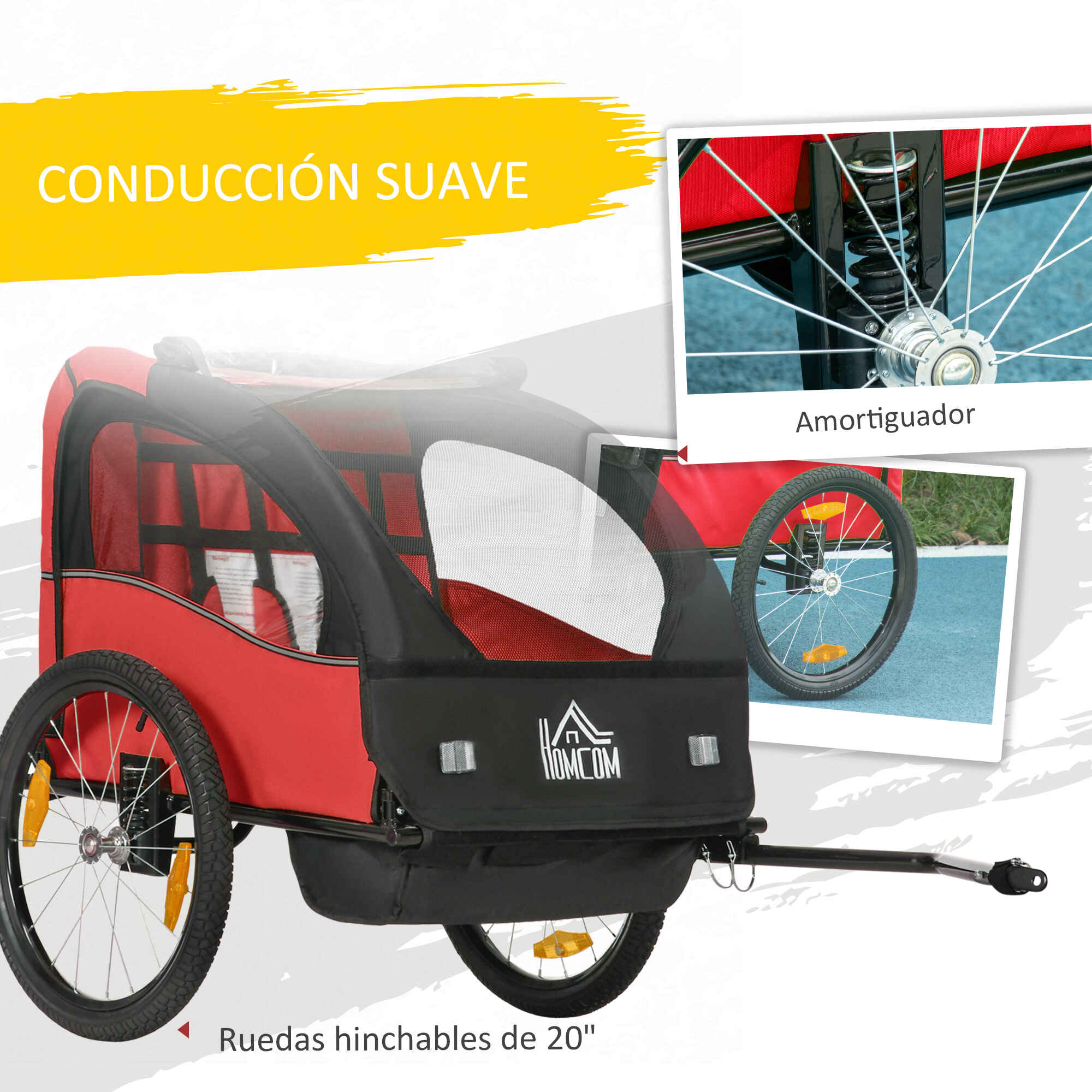 Remolque de bicicleta para niños +18 meses 2 plazas con cinturón y amortiguador rojo 140x88x90 cm
