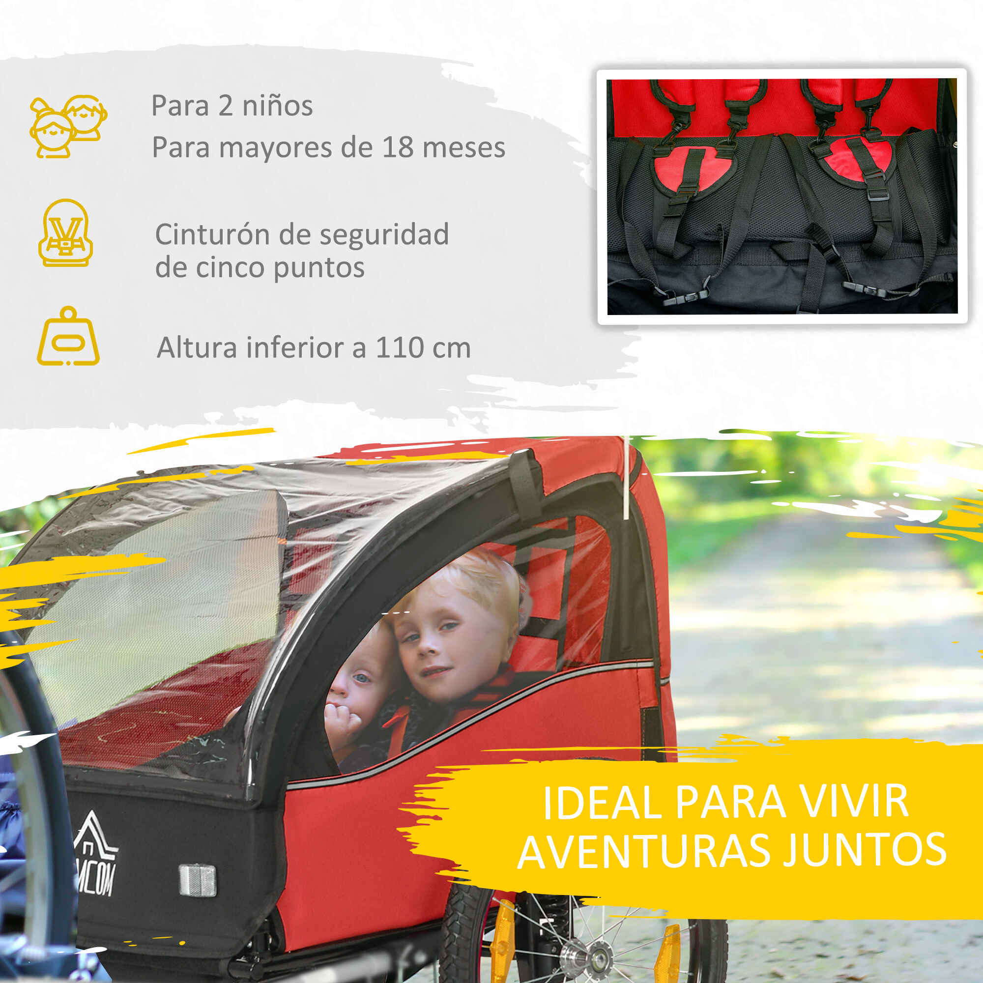 Remolque de bicicleta para niños +18 meses 2 plazas con cinturón y amortiguador rojo 140x88x90 cm