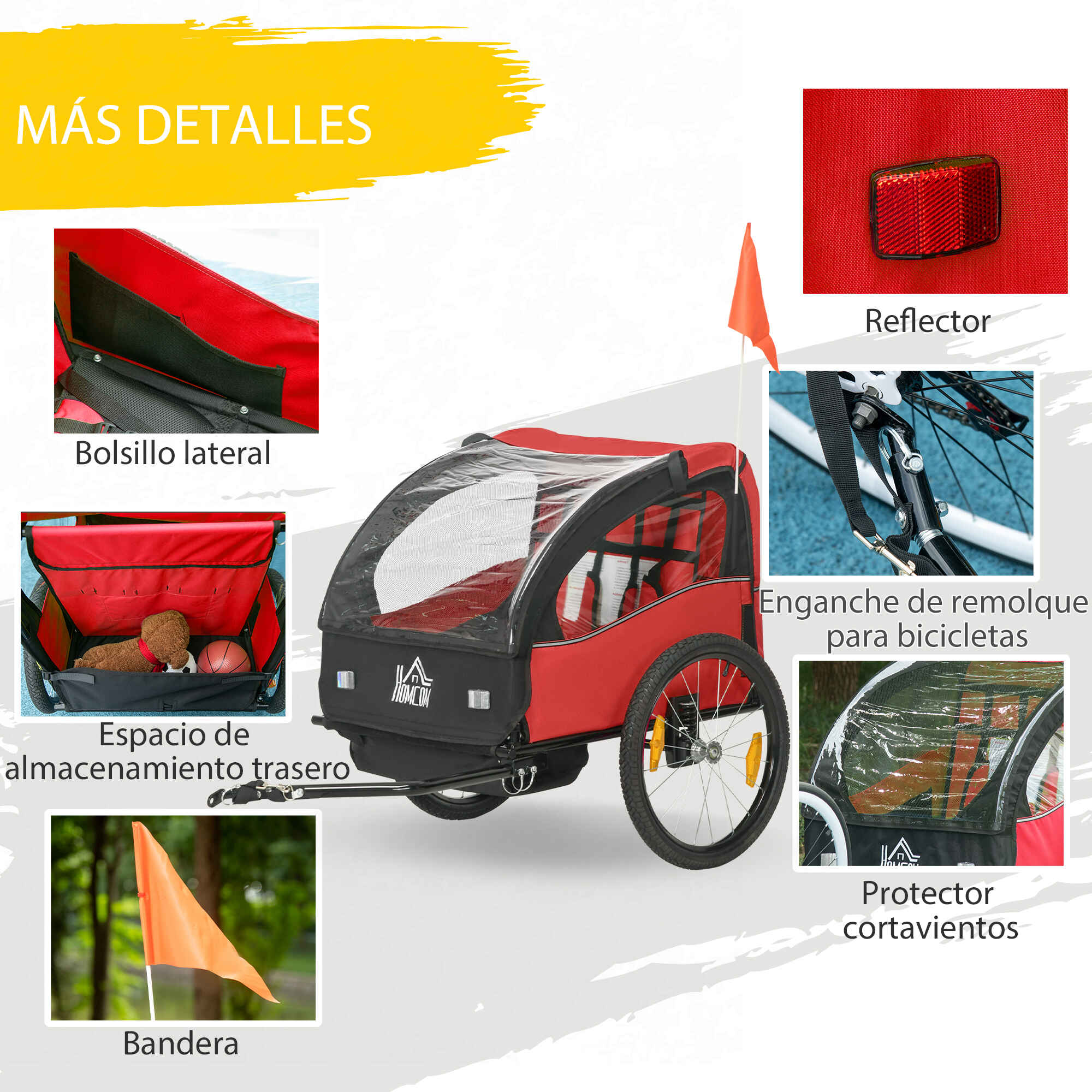 Remolque de bicicleta para niños +18 meses 2 plazas con cinturón y amortiguador rojo 140x88x90 cm