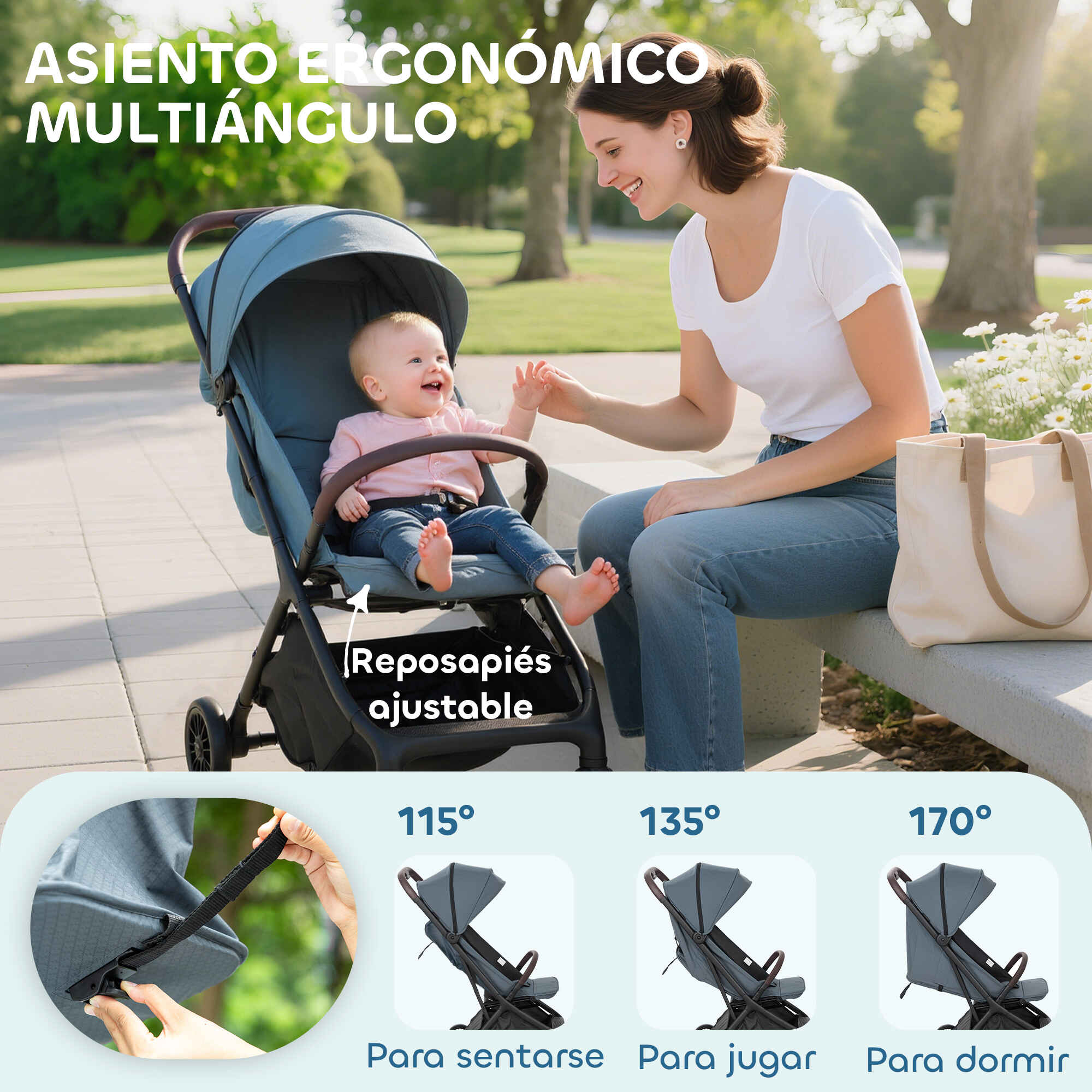 Silla de paseo ligera plegable para bebé azul oscuro con respaldo reclinable y arnés de 5 puntos