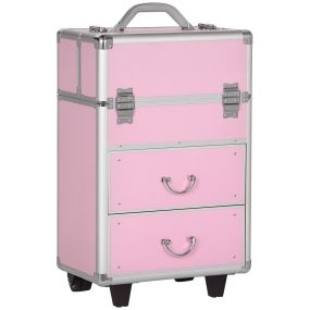 Maletín de maquillaje profesional con ruedas, 6 cajones, cerradura, asa retráctil, rosa 36x23x58 cm