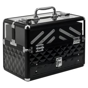 Maletín organizador de maquillaje y bisutería de aluminio con asa y bandejas 30x18,5x22 cm transparente y negro