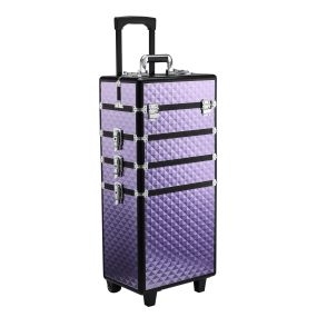 Maletín de maquillaje profesional con ruedas, asa extensible, aluminio, violeta, 33.5x23x76/95.5 cm