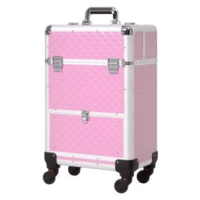 Maleta de maquillaje profesional con cajón y ruedas para viaje y trabajo 34x25x62 cm rosa
