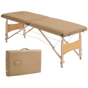 Camilla Masaje Plegable Portátil Camilla Estética Profesional de Madera Altura Ajustable con Orificio para la Cabeza y Bolsa de Transporte 186x60x61-87 cm, Marrón Claro