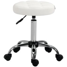 Taburete giratorio con ruedas regulable en altura 48-63 cm tapizado en cuero PU blanco diámetro Ø35,5 cm