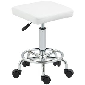 Taburete giratorio con ruedas altura regulable 50-66 cm asiento tapizado en cuero sintético blanco