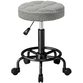 Taburete giratorio redondo con ruedas altura regulable 50-66 cm tapizado en borreguito gris