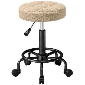 Taburete giratorio redondo con ruedas altura regulable 50-66 cm tapizado borreguito marrón claro
