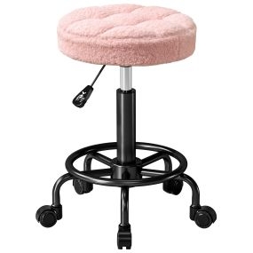 Taburete giratorio redondo con ruedas altura regulable 50-66 cm asiento tapizado en tejido borreguito rosa