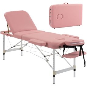 Camilla Masaje Plegable Portátil Camilla Estética Profesional de Aluminio de 3 Zonas con Respaldo Altura Ajustable 9 Niveles Reposacabezas Extraíble Reposabrazos Bolsa para Spa 215x81 cm Rosa