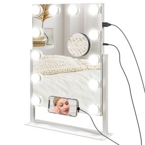 Espejo de maquillaje con luz giratorio 30x40 cm LED blanco con soporte para teléfono y USB