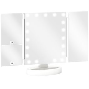 Espejo de maquillaje con luz triple, aumento 1X/2X/3X, rotación 180°, 21 LED, blanco