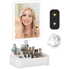 Espejo de maquillaje con luz LED recargable, 2 modos, rotación 180°, brillo ajustable, blanco