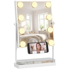 Espejo de maquillaje Hollywood con luz, 9 bombillas LED, 3 colores, blanco