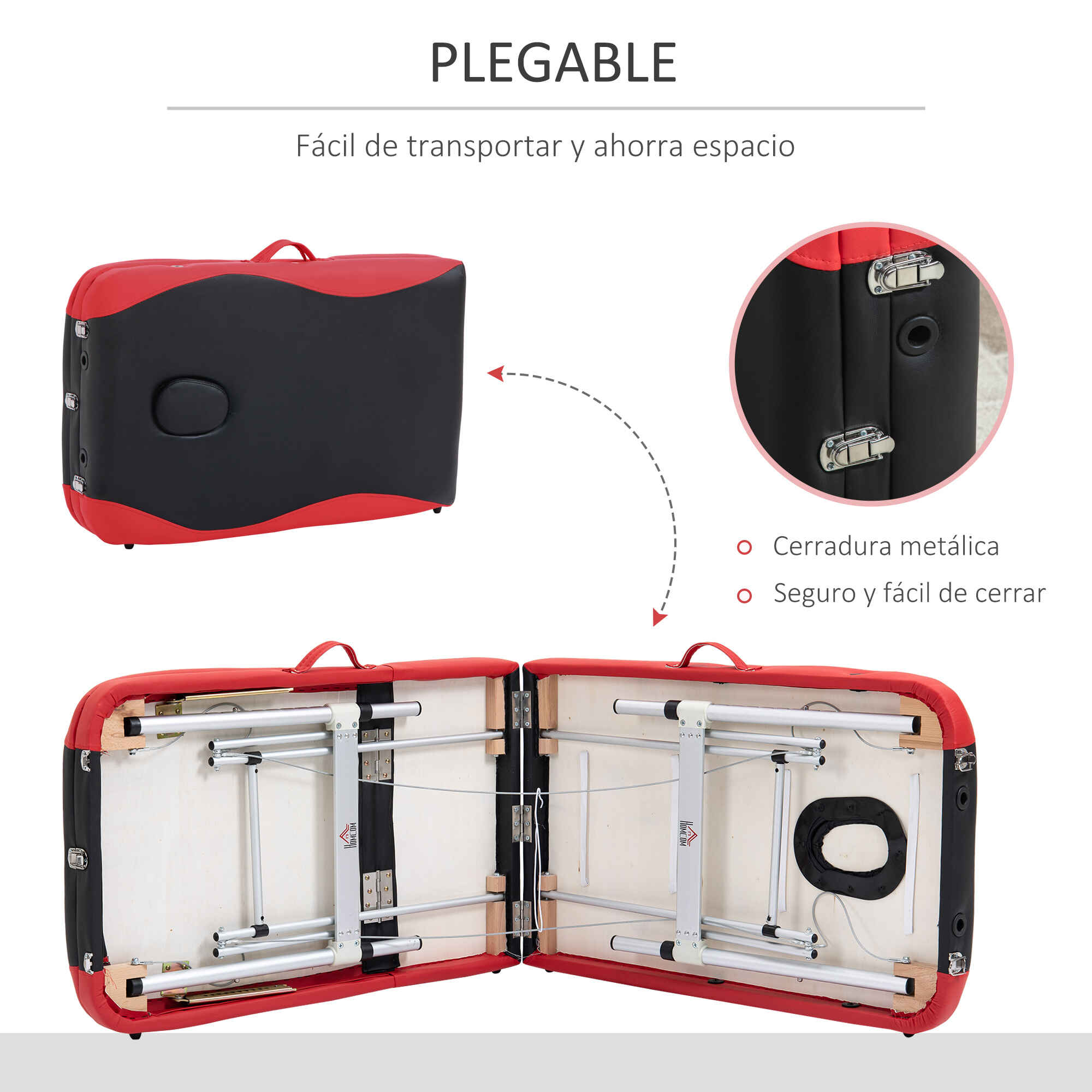 Camilla de masaje plegable de aluminio ajustable de 3 zonas con reposacabezas y reposabrazos negro y rojo