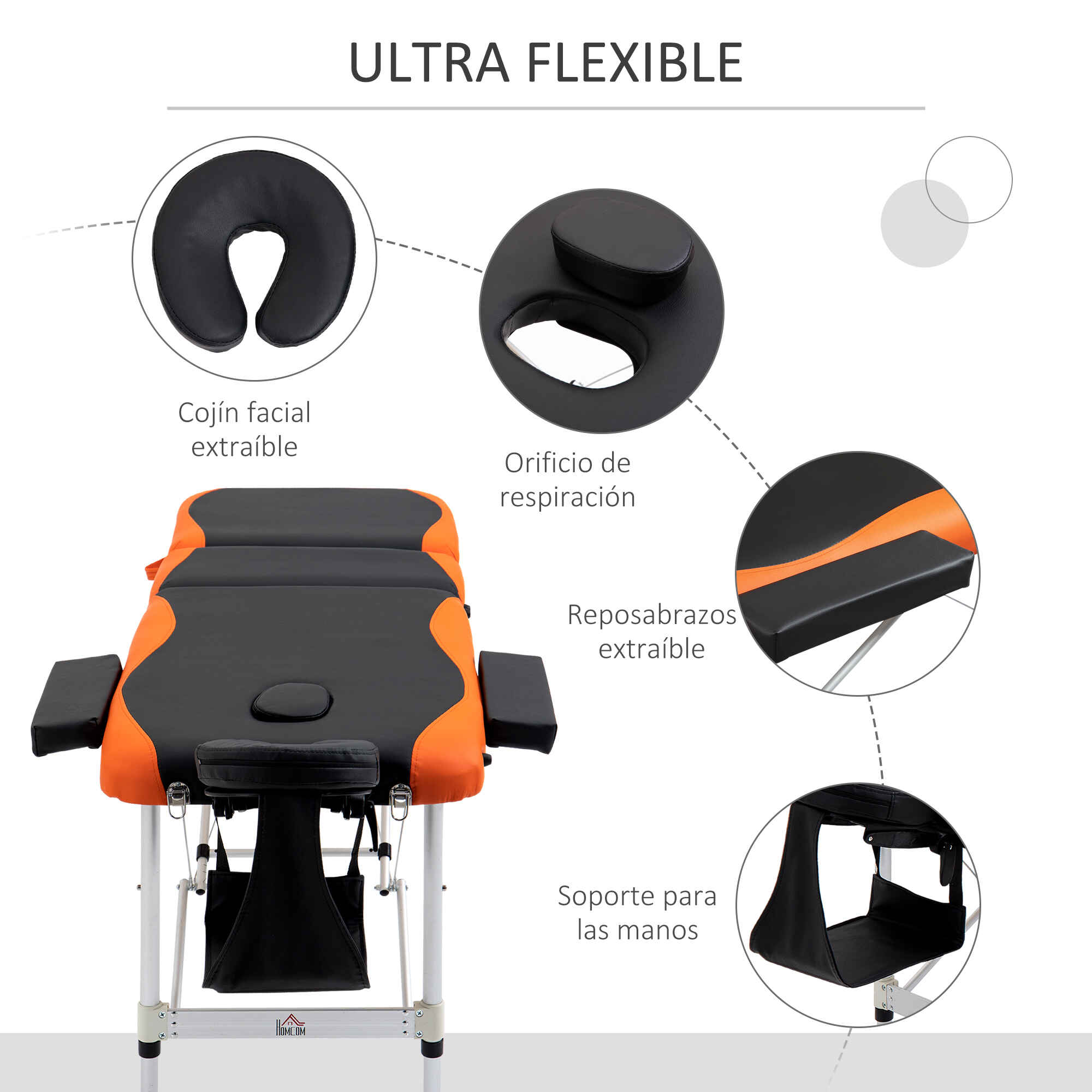 Camilla de masaje plegable de aluminio, altura ajustable, 3 zonas, negro y naranja