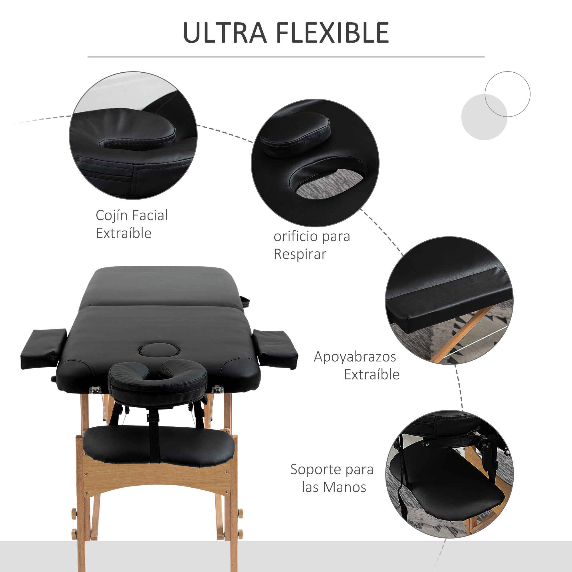 Camilla de masaje plegable 210x81 cm profesional con reposacabezas extraíble y bolsa negra