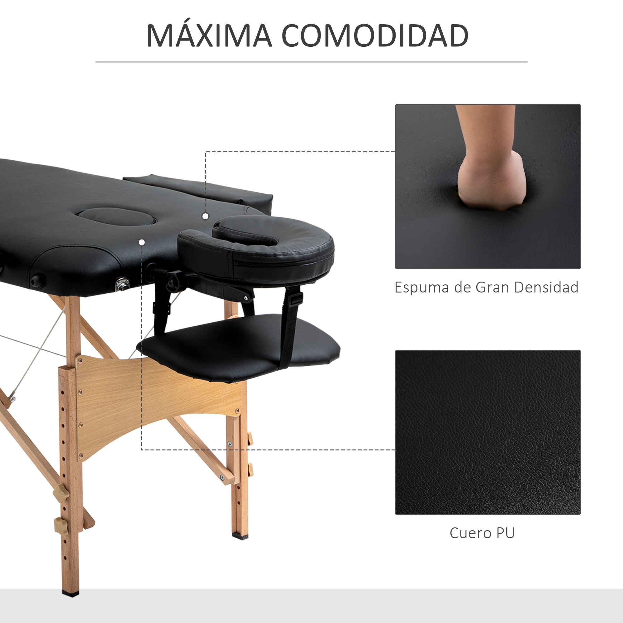 Camilla de masaje plegable 210x81 cm profesional con reposacabezas extraíble y bolsa negra