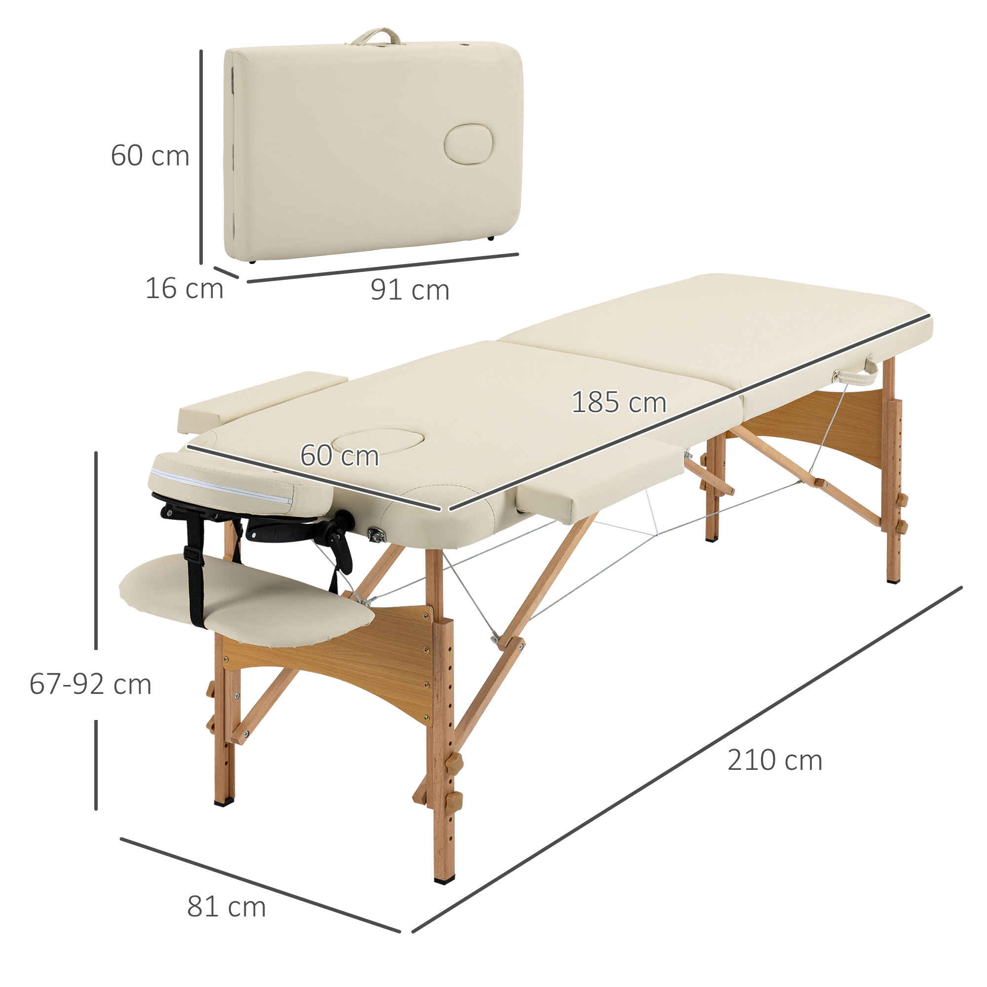 Camilla de masaje plegable 210x81 cm profesional con reposacabezas extraíble y bolsa crema