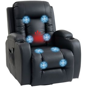 Sillón de Masaje Giratorio, Sillón Relax Reclinable con 8 Puntos de Masaje, Función Calefacción Lumbar, Mando a Distancia, Tapizado en PU, Reposapiés, Bolsillo Lateral, Función Basculante Negro