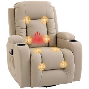 Sillón de Masaje Giratorio, Sillón Relax Reclinable con 8 Puntos de Masaje, Función Calefacción Lumbar, Mando a Distancia, Tapizado en PU, Reposapiés, Bolsillo Lateral, Función Basculante Crema