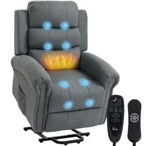 Sillón Relax Reclinable Eléctrico Levanta Personas, con Masaje Vibratorio y Calor, Sillón Elevador, con Control Remoto, Reposapiés, Tapizado en Lino, Bolsillos Laterales, Gris