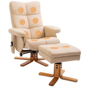 Sillón Relax Reclinable con Reposapiés Sillón de Masaje Eléctrico de PU con 10 Puntos de Masaje Función Reclinable Giratorio 360° Mando a Distancia Bolsillo Lateral para Salón Oficina Crema