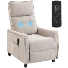 Sillón de Masaje, Sillón Relax Reclinable 160° con Mando a Distancia, Reposapiés, 2 Zonas de Masaje, Asiento de Muelles, Bolsillos, Tapizado en Lino Transpirable para Salón, 69x93x104 cm, Crema