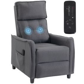 Sillón de Masaje, Sillón Relax Reclinable 160° con Mando a Distancia, Reposapiés, 2 Zonas de Masaje, Asiento de Muelles, Bolsillos, Tapizado en Lino Transpirable para Salón, 69x93x104 cm, Gris