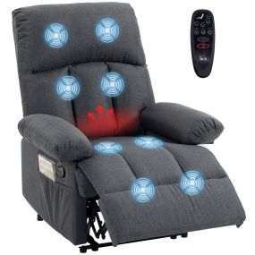 Sillón relax reclinable con 8 puntos de masaje, calefacción lumbar, tejido efecto lino gris oscuro