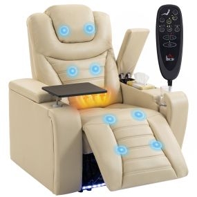 Sillón Relax Reclinable Eléctrico con Calor Lumbar y 8 Puntos Masaje, Luz LED, Sillón Masaje Relax, Reposapiés, Asiento Ancho, Almacenamiento, Portavasos, Puertos USB y Type-C, Cuero PU, Crema
