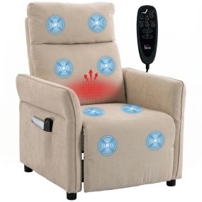Sillón de Masaje, Sillón Relax Reclinable 135° Manual, Calor Lumbar, Mando a Distancia, Reposapiés, 8 Zonas de Masaje, Reposabrazos Ajustables, Asiento Muelles, Bolsillos, Tapizado Rizo, Beige