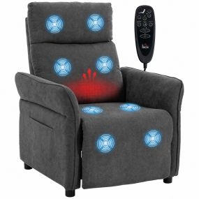 Sillón de Masaje, Sillón Relax Reclinable 135° Manual, Calor Lumbar, Mando a Distancia, Reposapiés, 8 Zonas de Masaje, Reposabrazos Ajustables, Asiento Muelles, Bolsillos, Tapizado Rizo, Gris