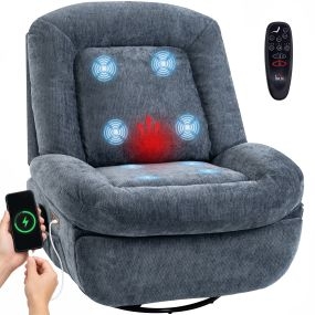 Sillón Relax Reclinable Eléctrico con Calor Lumbar y Masaje, Gira y Balanceo, Sillón Masaje Relax, Reposapiés, Asiento Extraancho, Bolsillos Laterales, Puerto USB-C, Tela Chenilla, Azul Oscuro