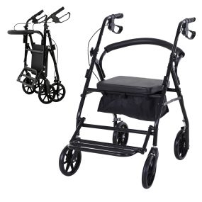 Andador plegable para adultos mayores con asiento acolchado, 4 ruedas, frenos, cesta y reposapiés negro