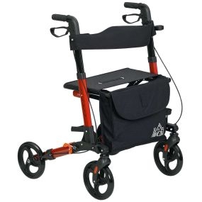 Andador plegable de aluminio para mayores con asiento, 4 ruedas, frenos, altura ajustable, rojo y negro