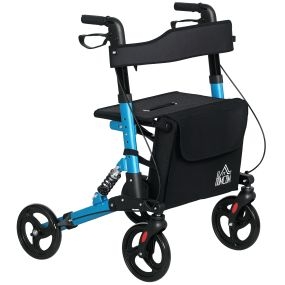 Andador plegable de aluminio para mayores con asiento, 4 ruedas, altura ajustable, frenos y bolsa azul y negro