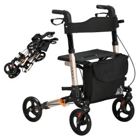 Andador para Ancianos Plegable de Aluminio Andador para Personas Mayores con Asiento y 4 Ruedas Andador con Altura Ajustable Frenos de Maneta y Bolsa de Transporte Dorado y Negro