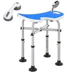 Taburete de ducha antideslizante con barra de agarre, altura regulable, asiento en U, azul, 150 kg