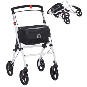 Andador plegable de aluminio para mayores con 4 ruedas, bandeja, frenos y bolsa blanco