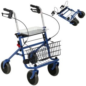 Andador plegable para adultos mayores con asiento, 4 ruedas, altura ajustable, frenos, cesta, bandeja y porta bastón azul