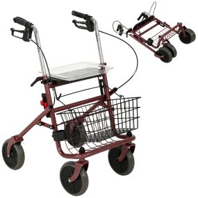 Andador plegable para adultos mayores con asiento, 4 ruedas, altura ajustable, frenos, cesta y porta bastón rojo vino