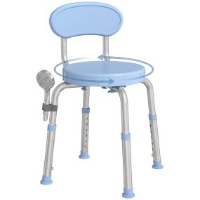 Silla Ducha Personas Mayores Giratoria 360°, Taburete Ducha de Aluminio con Respaldo, Antideslizante, Altura Regulable, Soporte de Alcachofa, Montaje Sin Herramientas, Carga 136 kg