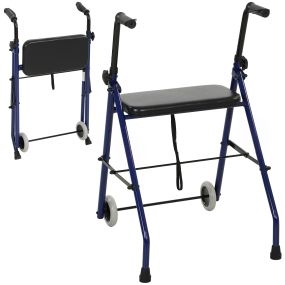 Andador para Ancianos Plegable, Andadores Adultos para Personas Mayores con Asiento Acolchado, Manillar con Altura Ajustable y 2 Ruedas, 4 kg Ultraligero, Azul Oscuro