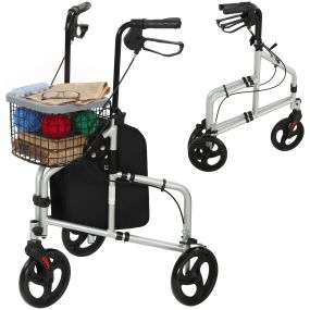 Andador para Ancianos Plegable de Aluminio, Andadores Adultos para Personas Mayores con Manillar con Altura Ajustable y 3 Ruedas, Cesta y Bandeja, 6 kg Ultraligero, Plata y Negro