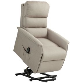 Sillón relax reclinable eléctrico elevador para personas, tapizado en lino beige, con control remoto y bolsillo lateral